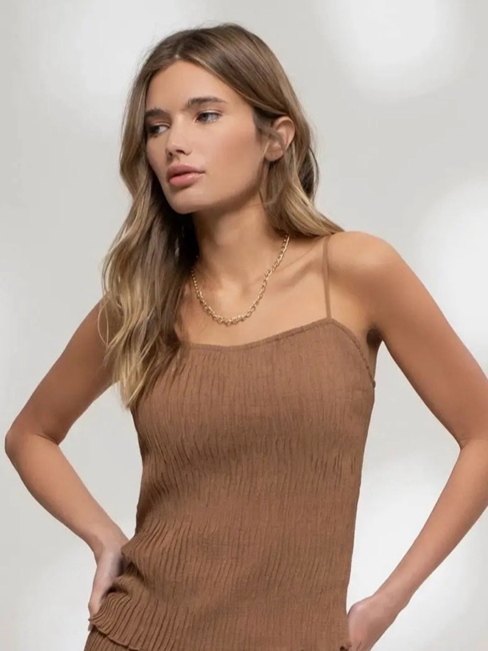 The Workshop Studio Plisse Lettuce Hem Cami Top Ajustable Spaghetti Strap Top